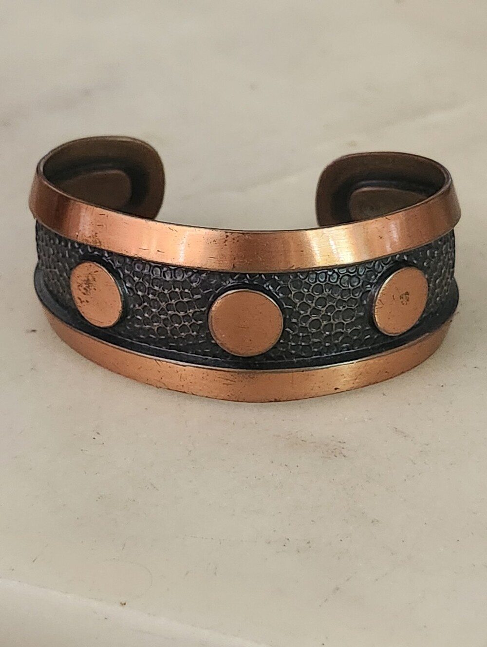 Solid Copper Cuff Bracelet with Textured Black Inlay